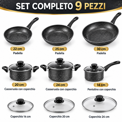 BDIT Accessori Set Pentole e Padelle 9 Pezzi Effetto Granito, Batteria da Cucina con Coperchi in Vetro, Padelle 22/25/30 cm, Casseruole 20/24 cm e Pentolino 14 cm, Nero Grigio