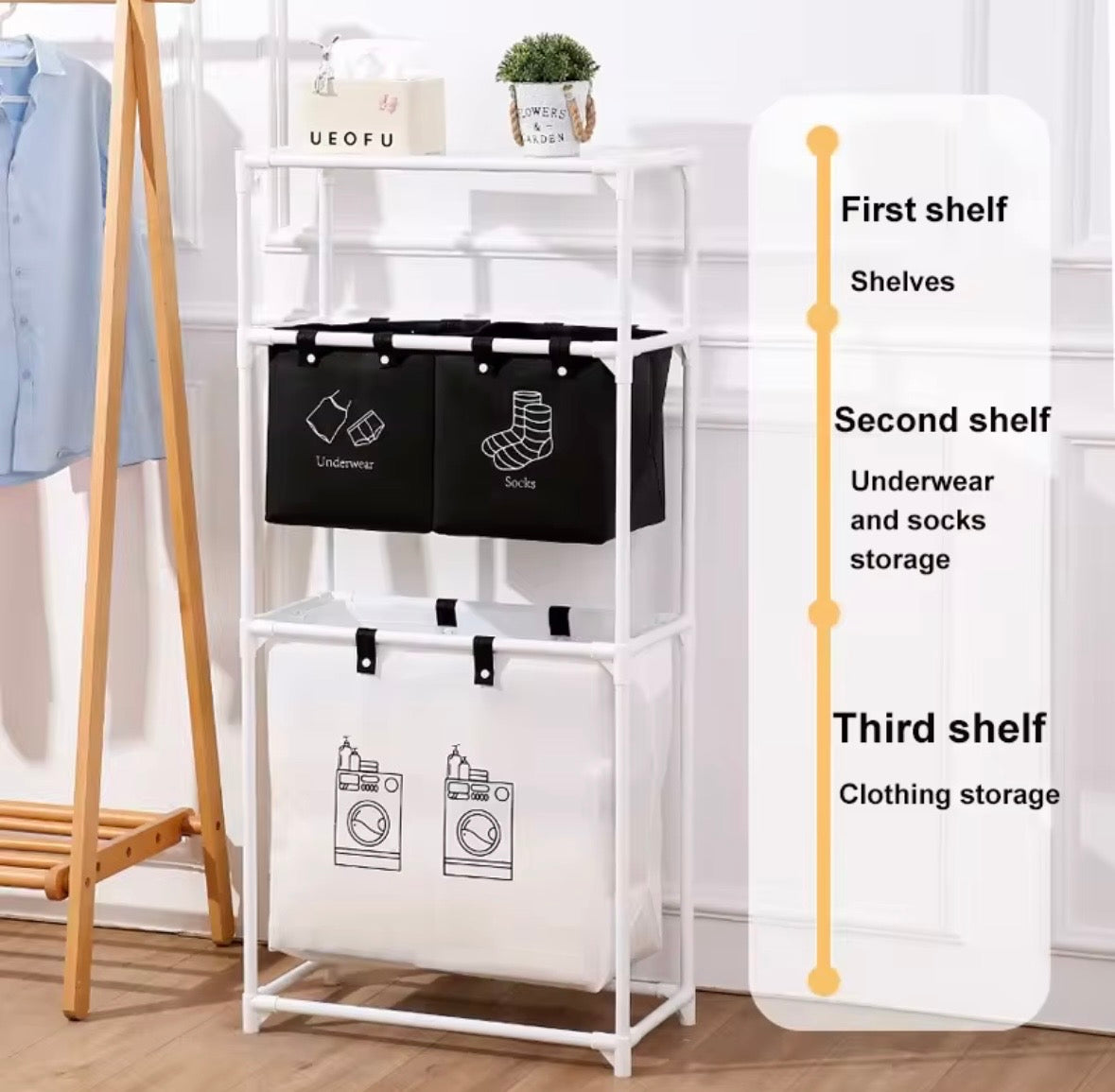 Carrello Portabiancheria Salvaspazio su Ruote - Organizer Lavanderia a 3 Livelli con Ceste Separatori