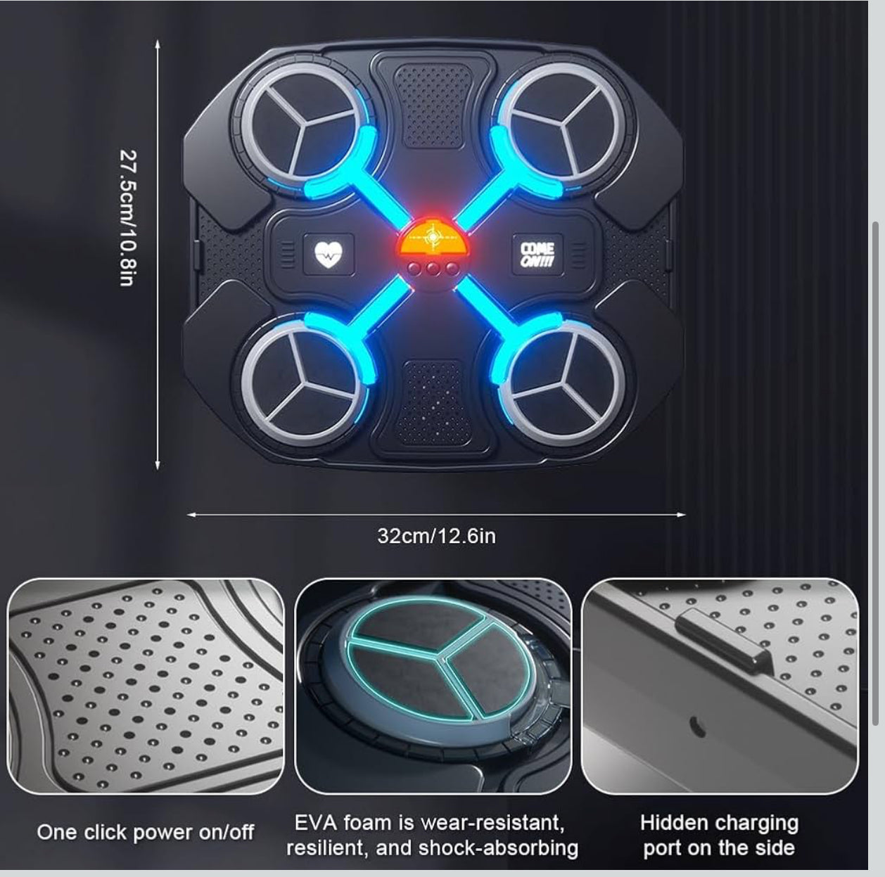 Macchina da Boxe Musicale Extra Large a Parete con LED Dinamico a Colori, Bluetooth, Musica Elettronica e 12 Livelli di Velocità – Allenamento Interattivo per Bambini e Adulti – Ideale per Casa, Interni, Palestre, Allenamenti Fitness e Tempo 27cmx32cm