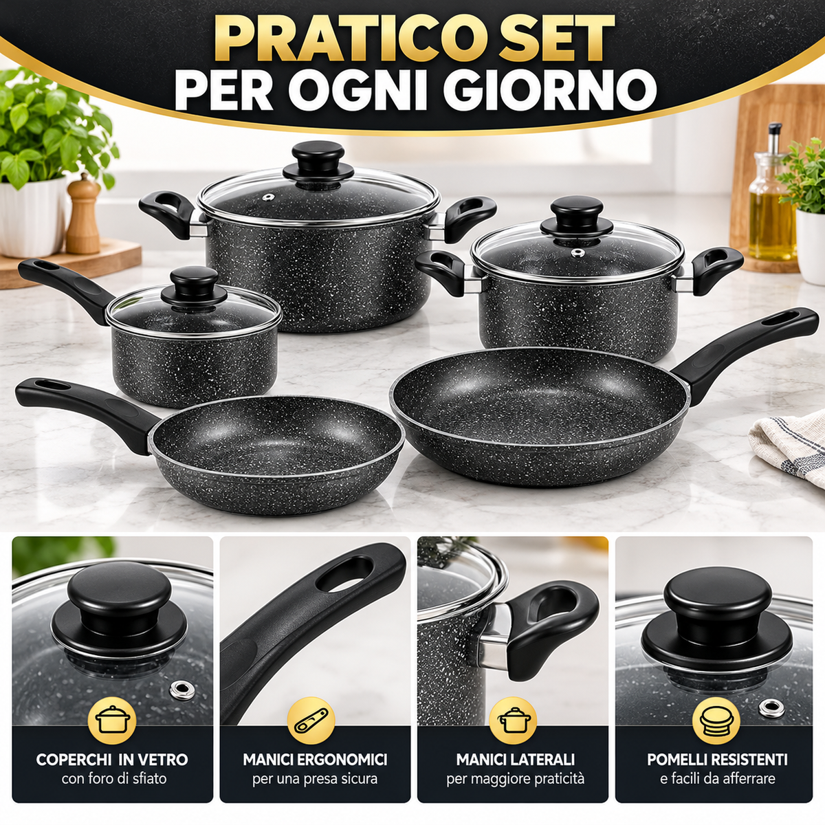 BDIT Accessori Set Pentole e Padelle 9 Pezzi Effetto Granito, Batteria da Cucina con Coperchi in Vetro, Padelle 22/25/30 cm, Casseruole 20/24 cm e Pentolino 14 cm, Nero Grigio