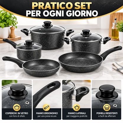 BDIT Accessori Set Pentole e Padelle 9 Pezzi Effetto Granito, Batteria da Cucina con Coperchi in Vetro, Padelle 22/25/30 cm, Casseruole 20/24 cm e Pentolino 14 cm, Nero Grigio