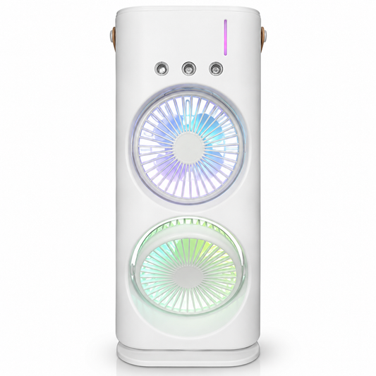 Raffrescatore Portatile con Doppia Ventola, Nebulizzazione ad Acqua e Luci RGB, Mini Condizionatore USB da Tavolo, Ventilatore Silenzioso con Serbatoio Acqua, per Ufficio, Camera da Letto e Casa