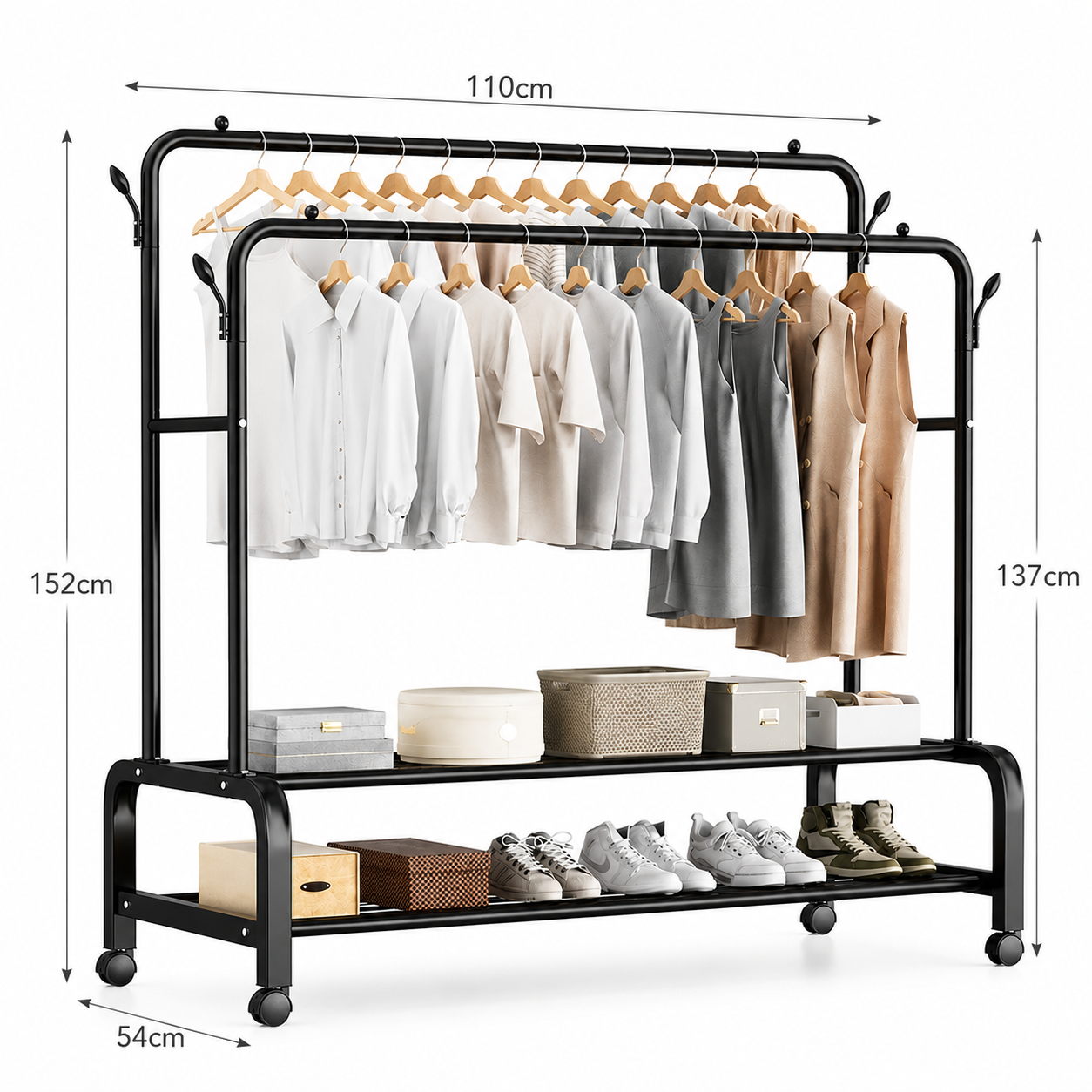 Appendiabiti Doppio con Ruote in Metallo Nero, Stand Appendiabiti Salvaspazio con 2 Barre e Ripiani Porta Scarpe, Attaccapanni Moderno per Camera da Letto, Ingresso, Negozio e Cabina Armadio