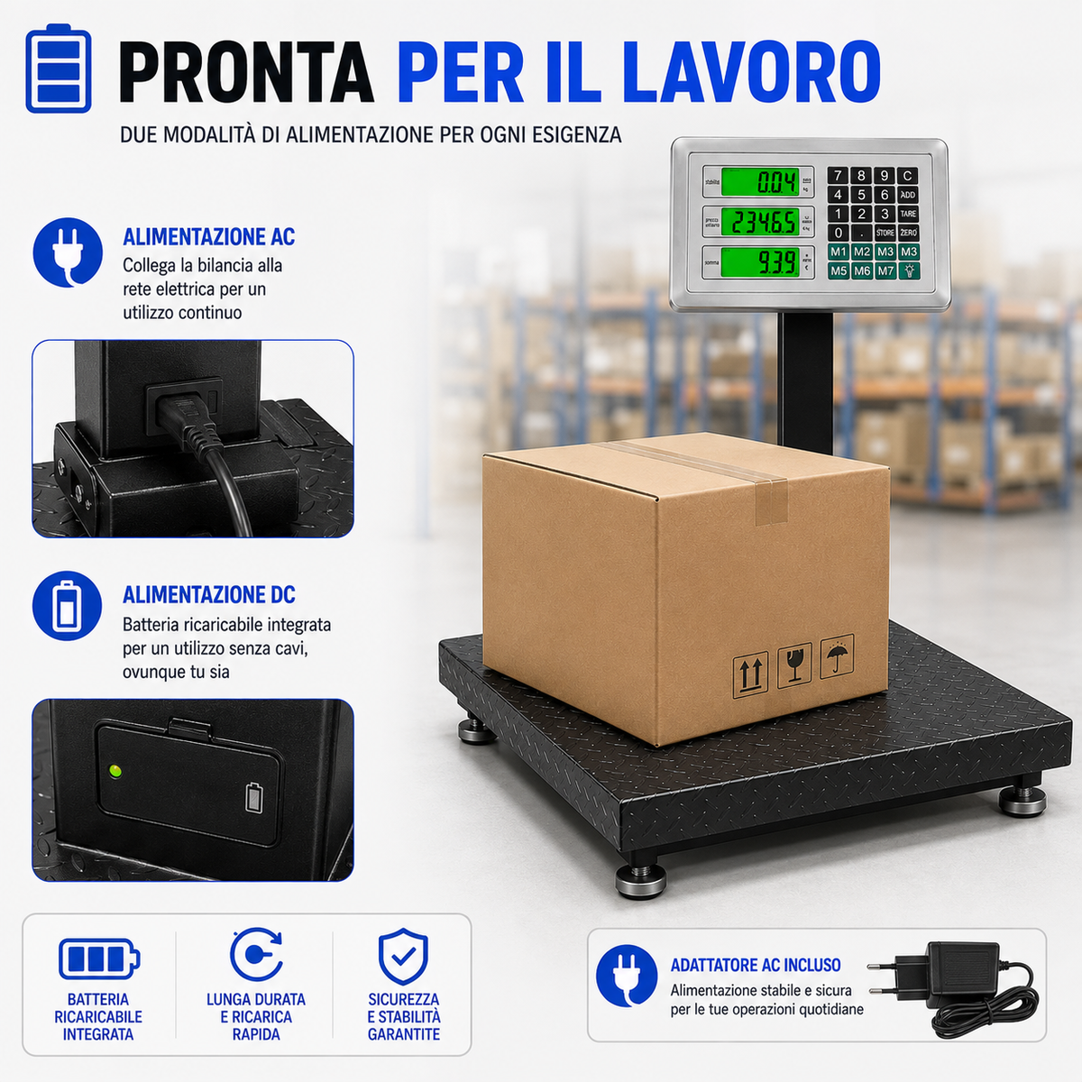 BDIT ACCESSORI Bilancia Digitale Professionale 300 kg, Bilancia Elettronica a Piattaforma con Display LCD e Tastiera, Ampia Pedana, per Magazzino, Deposito, Negozio e Pacchi