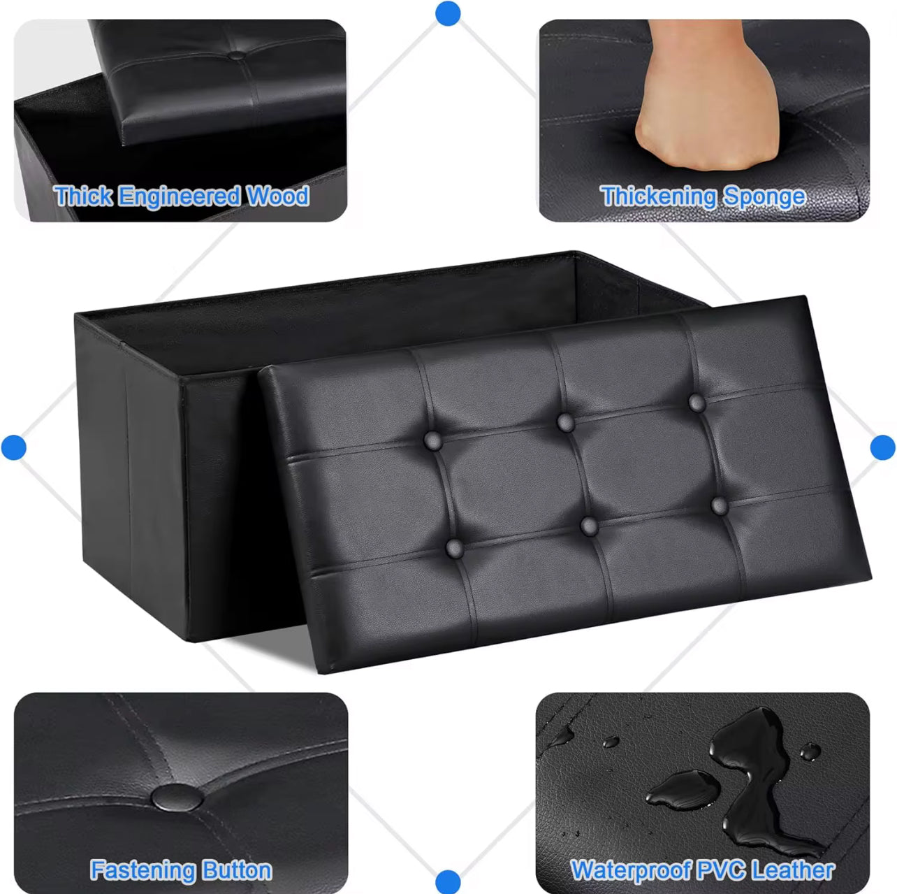 Leather Padded Trunk Bench Pouf with Quilted Button Design – Multi-Functional Storage Ottoman Bag – Available in Various Colours - BDIT ACCESSORI