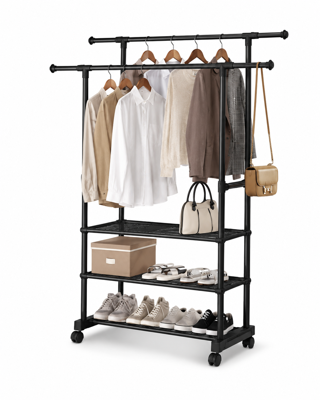 Appendiabiti da Terra con Ruote e Ripiani – Stand Appendiabiti Doppio Bastone in Acciaio Nero – Attaccapanni Salvaspazio per Camera, Ingresso e Cabina Armadio – 42x76x150 cm