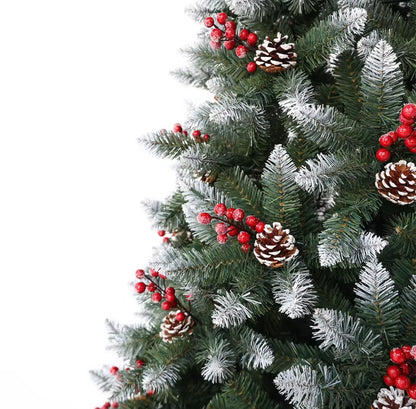 Albero di Natale Artificiale Flocked 120cm, Effetto Neve, Pigne e Bacche Rosse, Base Inclusa