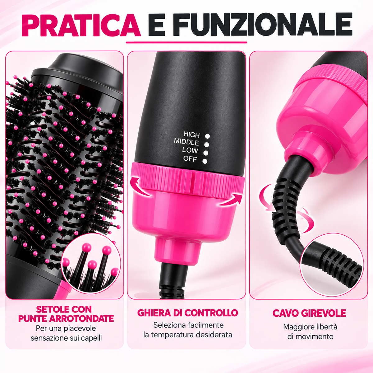 BDIT Accessori Spazzola ad Aria Calda per Capelli, Spazzola Asciugacapelli e Styler One Step, Testa Ovale con Setole, Impugnatura Ergonomica e Livelli Regolabili, Nero e Rosa