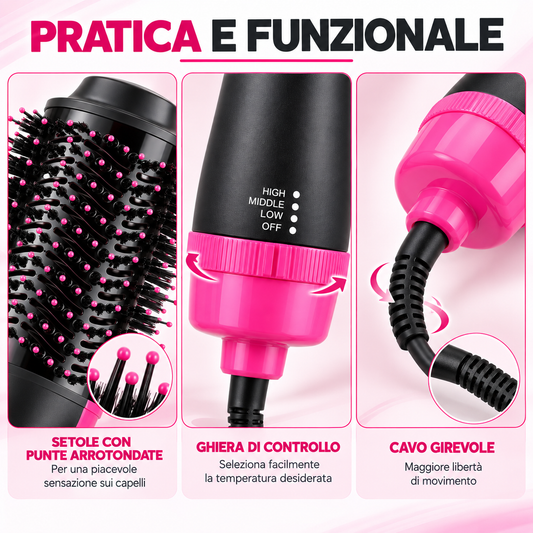 BDIT Accessori Spazzola ad Aria Calda per Capelli, Spazzola Asciugacapelli e Styler One Step, Testa Ovale con Setole, Impugnatura Ergonomica e Livelli Regolabili, Nero e Rosa