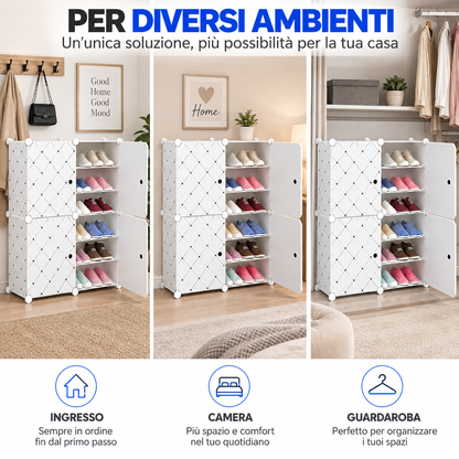 BDIT Accessori Scarpiera Bianca Salvaspazio con Ante, Mobile Portascarpe Modulare con Ripiani Interni, Organizer per Scarpe con Apertura Frontale, per Ingresso, Camera e Guardaroba