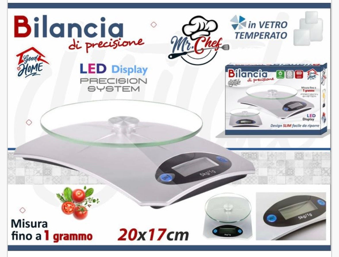 Bilancia da Cucina Digitale di Precisione Mr. Chef® | Piatto in Vetro Temperato, Misura Fino a 1 Grammo, 5 Kg