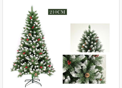 Albero di Natale Artificiale Flocked 120cm, Effetto Neve, Pigne e Bacche Rosse, Base Inclusa