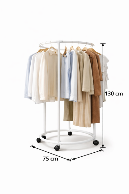 Appendiabiti Circolare con Ruote Bianco 130 cm – Stand Porta Abiti Rotondo in Metallo, Attaccapanni Mobile per Camera da Letto, Guardaroba Aperto Salvaspazio per Casa, Negozio, Boutique