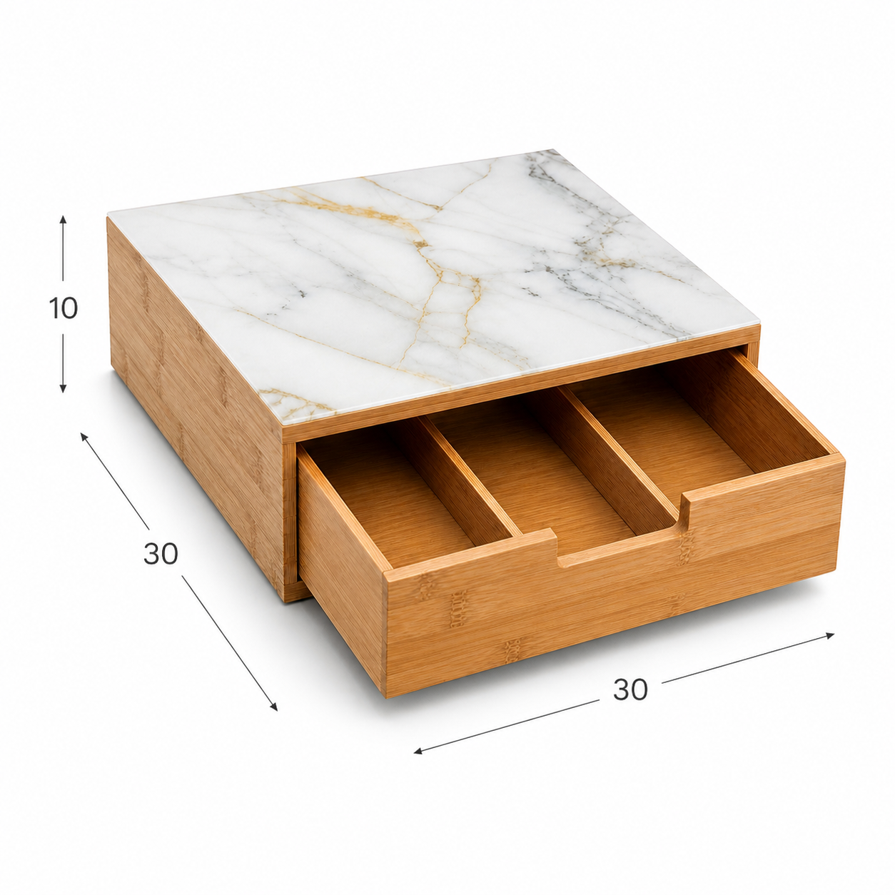 Cassetto Portacapsule in Bamboo con Piano in Vetro Effetto Marmo – Organizer Capsule Caffè 3 Scomparti, Porta Capsule e Cialde, Salvaspazio per Cucina e Coffee Station