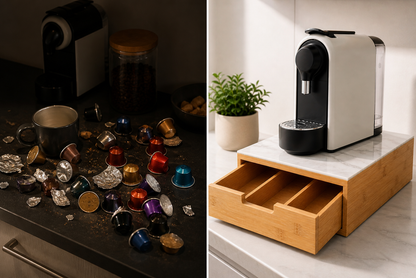 Cassetto Portacapsule in Bamboo con Piano in Vetro Effetto Marmo – Organizer Capsule Caffè 3 Scomparti, Porta Capsule e Cialde, Salvaspazio per Cucina e Coffee Station