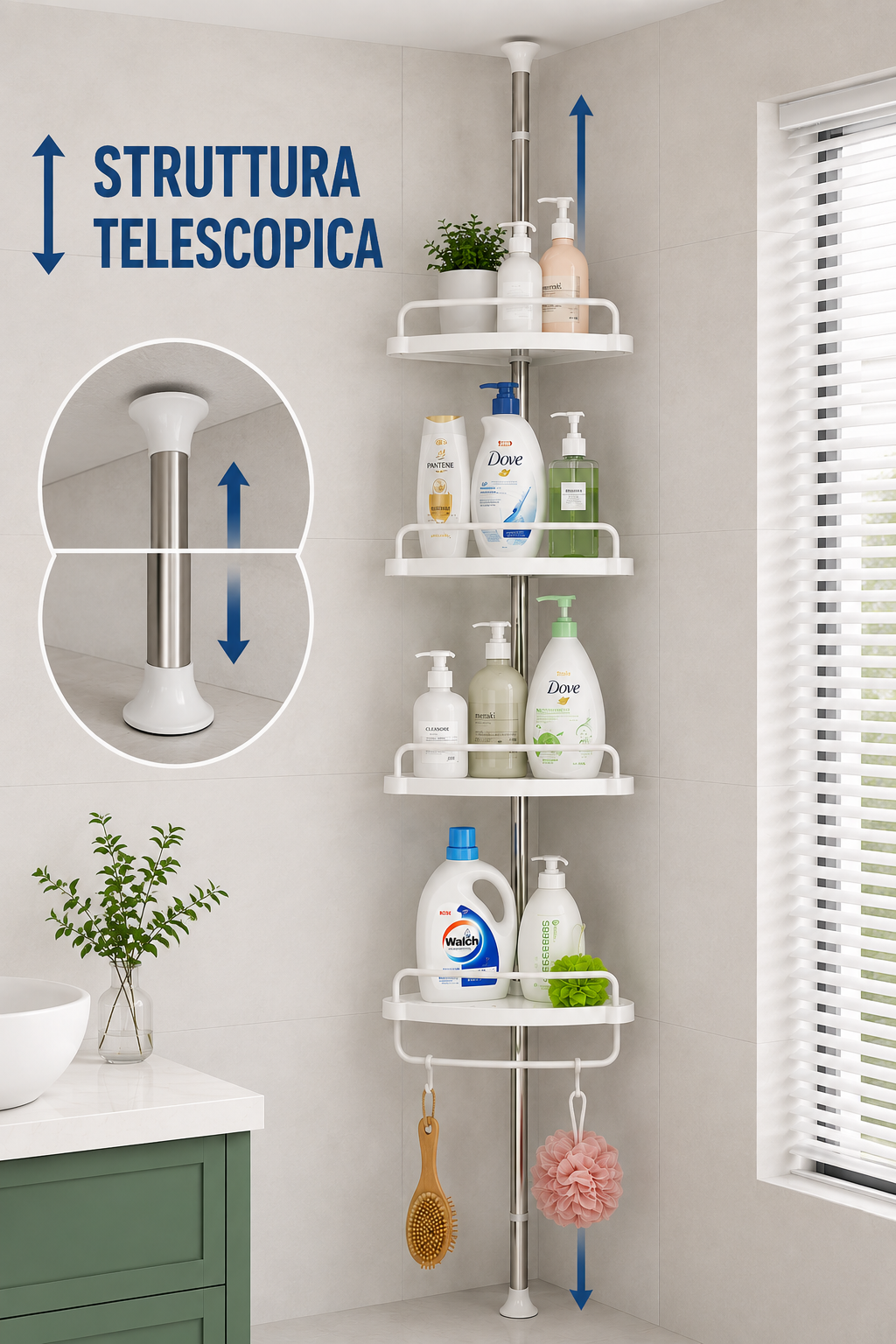 Titolo prodotto

Scaffale Angolare Telescopico a 4 Ripiani, Organizer Salvaspazio da Bagno, Mensole Portaoggetti ad Angolo con Asta Regolabile, per Doccia, Bagno, Lavanderia e Zona di Servizio, Bianco