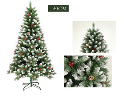 Albero di Natale Artificiale Flocked 120cm, Effetto Neve, Pigne e Bacche Rosse, Base Inclusa