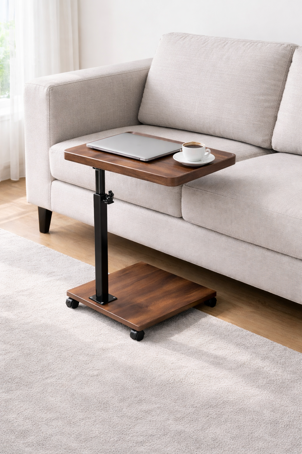 Tavolino Laterale Regolabile con Ruote, Tavolino da Divano a Forma di C, Altezza 45-80 cm, Tavolo Salvaspazio con Ripiano, per Divano Letto Ufficio Studio, 40x30 cm Effetto Legno