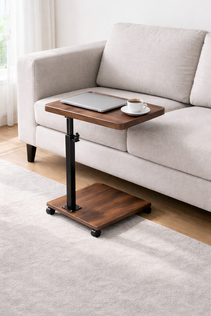 Tavolino Laterale Regolabile con Ruote, Tavolino da Divano a Forma di C, Altezza 45-80 cm, Tavolo Salvaspazio con Ripiano, per Divano Letto Ufficio Studio, 40x30 cm Effetto Legno