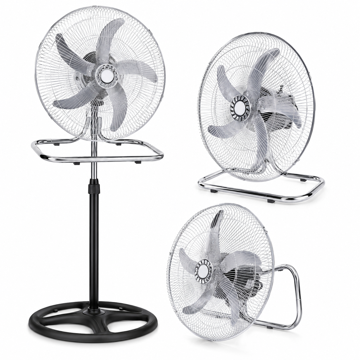 Ventilatore 3 in 1 da Terra e Tavolo Cromato, Ventilatore Oscillante con Piedistallo Regolabile, Ventola Silenziosa ad Alta Potenza, Design Moderno in Metallo per Casa Ufficio Camera