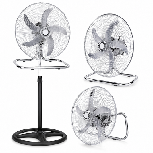 Ventilatore 3 in 1 da Terra e Tavolo Cromato, Ventilatore Oscillante con Piedistallo Regolabile, Ventola Silenziosa ad Alta Potenza, Design Moderno in Metallo per Casa Ufficio Camera
