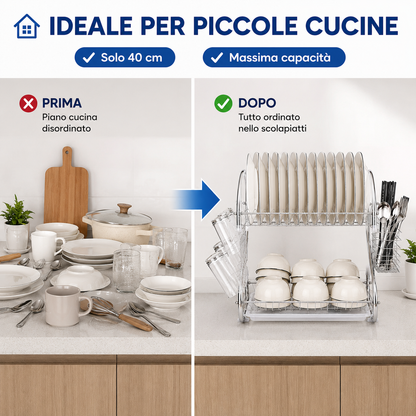 Scolapiatti da Cucina 2 Livelli 40 cm, Scolapiatti in Acciaio Cromato con Vaschetta Raccogligocce, Portaposate, Porta Bicchieri e Ganci Porta Tazze, Sgocciolatoio Salvaspazio per Piano Cucina