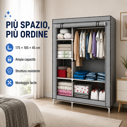 Armadio Guardaroba in Tessuto 175 × 105 × 45 cm, Armadio Pieghevole con Barra Appendiabiti e Ripiani, Armadio Salvaspazio con Struttura in Metallo e Chiusura con Cerniera, Colore Marrone