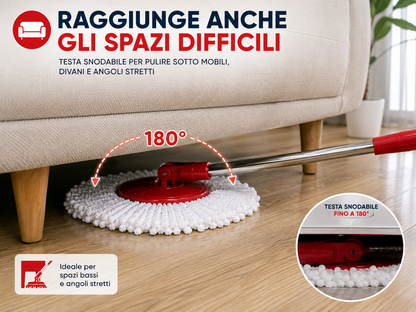 Mocio Rotante con Secchio 13 Litri, Sistema di Strizzatura con Cestello Rotante, Manico Telescopico 90-115 cm, Testa Snodabile 180°, Panno in Microfibra per Pavimenti, Casa e Pulizia