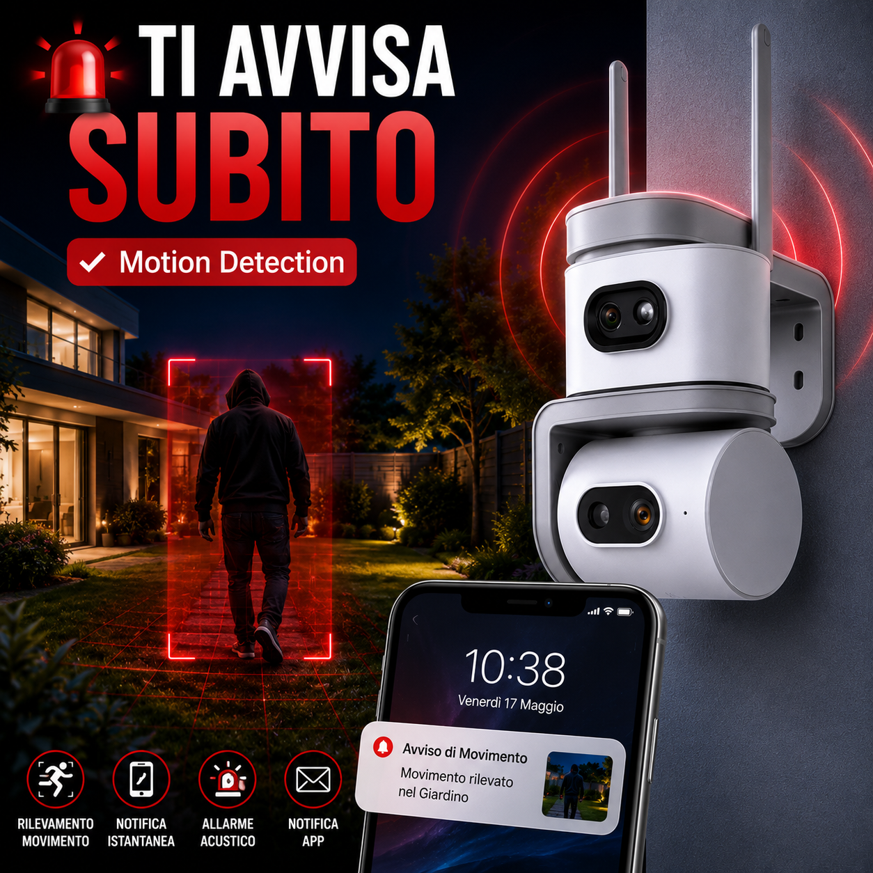 Telecamera WiFi Esterno Dual Lens, Telecamera di Sorveglianza 355° PTZ con Visione Notturna a Colori, Rilevamento Movimento, Audio Bidirezionale, WiFi 2.4 GHz, Controllo da App per Casa, Garage e Negozio