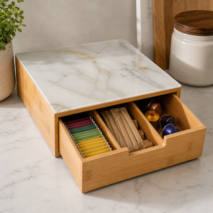 Cassetto Portacapsule in Bamboo con Piano in Vetro Effetto Marmo – Organizer Capsule Caffè 3 Scomparti, Porta Capsule e Cialde, Salvaspazio per Cucina e Coffee Station
