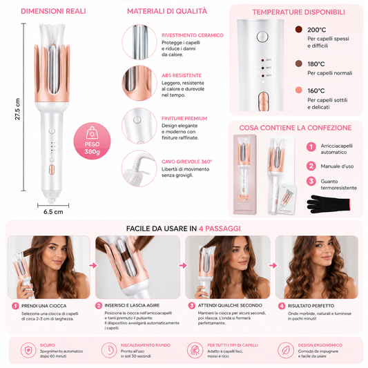 Arricciacapelli Automatico per Onde Naturali, Styler Capelli con Riscaldamento Rapido, 3 Temperature Regolabili, Design Ergonomico, Facile da Usare, Arricciatore Automatico per Capelli Lunghi, Medi e Corti