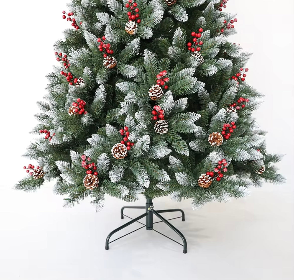 Albero di Natale Artificiale Flocked 120cm, Effetto Neve, Pigne e Bacche Rosse, Base Inclusa