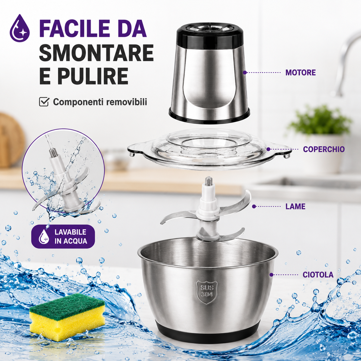 BDIT ACCESSORI Tritatutto Elettrico 2L con Ciotola in Acciaio Inox, Tritacarne Multiuso con Lame in Acciaio Inox per Carne, Verdure, Cipolle, Frutta, Frutta Secca ed Erbe Aromatiche