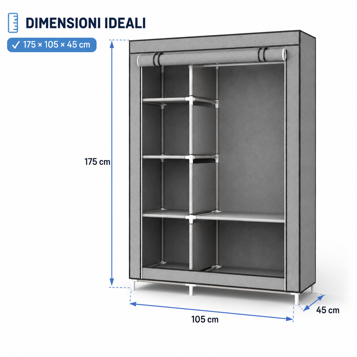 Armadio Guardaroba in Tessuto 175 × 105 × 45 cm, Armadio Pieghevole con Barra Appendiabiti e Ripiani, Armadio Salvaspazio con Struttura in Metallo e Chiusura con Cerniera, Colore Marrone