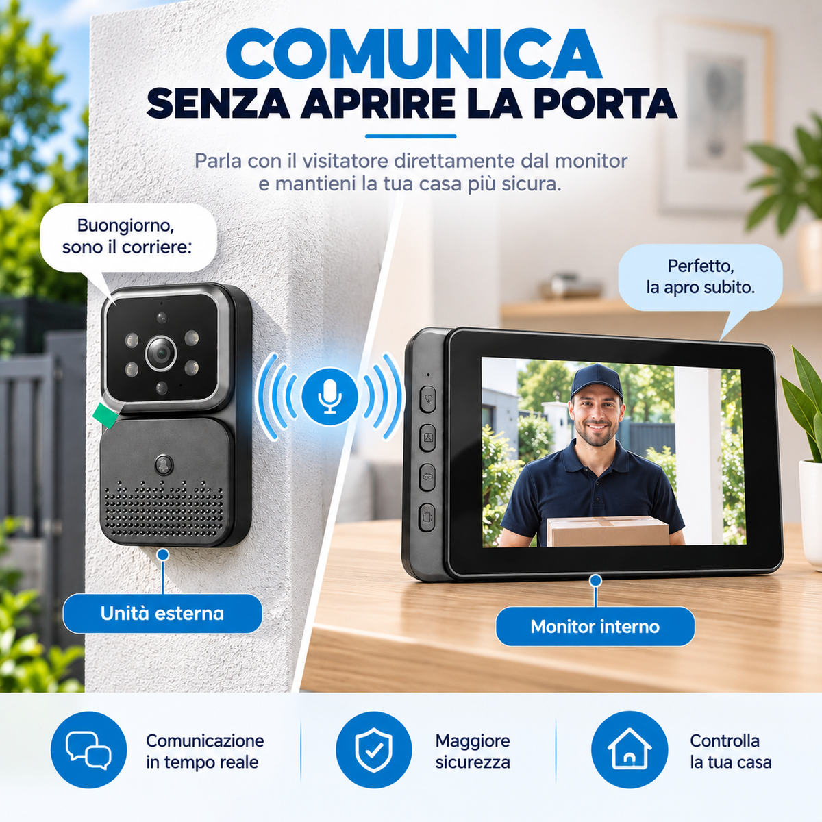 BDIT Accessori Videocitofono Wireless con Monitor, Video Doorbell 2.4G con Unità Esterna e Display Interno, Videocamera per Porta con Monitor, Kit di Installazione e Accessori per Casa
