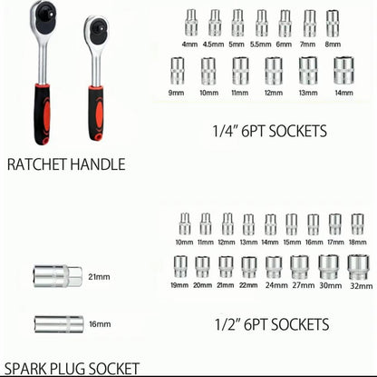 Set Chiavi a Bussola 108 Pezzi con Cricchetto Reversibile, Bussole Metriche, Inserti Bit e Prolunghe, Kit Attrezzi Completo per Riparazioni Auto, Moto e Lavori Fai da Te con Valigetta