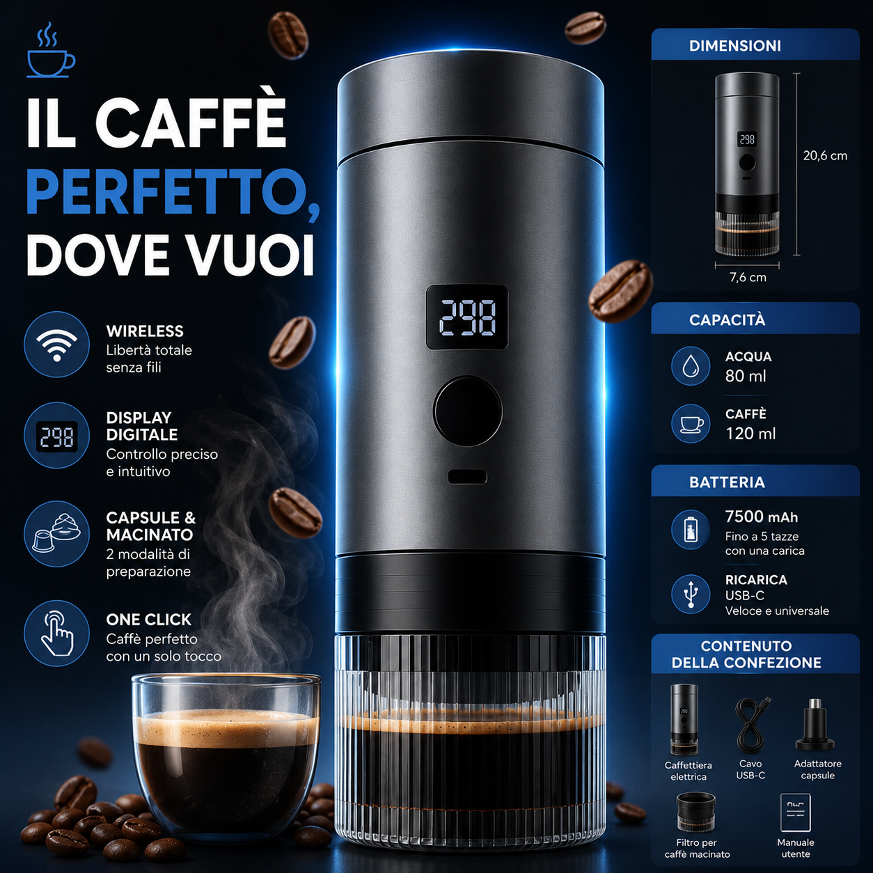 Caffettiera Elettrica Portatile Wireless con Display Digitale, Compatibile con Capsule e Caffè Macinato, Macchina da Caffè Espresso Ricaricabile USB-C, One Click, Ideale per Viaggi, Auto, Ufficio e Campeggio