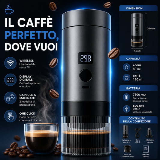 Caffettiera Elettrica Portatile Wireless con Display Digitale, Compatibile con Capsule e Caffè Macinato, Macchina da Caffè Espresso Ricaricabile USB-C, One Click, Ideale per Viaggi, Auto, Ufficio e Campeggio