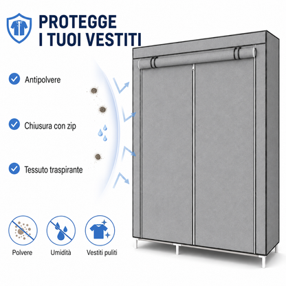Armadio Guardaroba in Tessuto 175 × 105 × 45 cm, Armadio Pieghevole con Barra Appendiabiti e Ripiani, Armadio Salvaspazio con Struttura in Metallo e Chiusura con Cerniera, Colore Marrone