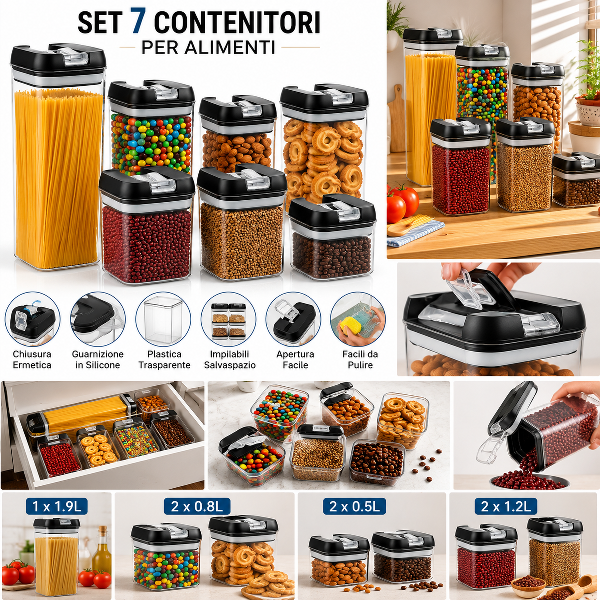 Set 7 Contenitori Ermetici per Alimenti con Coperchio Airtight, Barattoli Salvaspazio Impilabili per Pasta, Cereali, Caffè, Biscotti e Legumi, Contenitori Trasparenti per Cucina e Dispensa