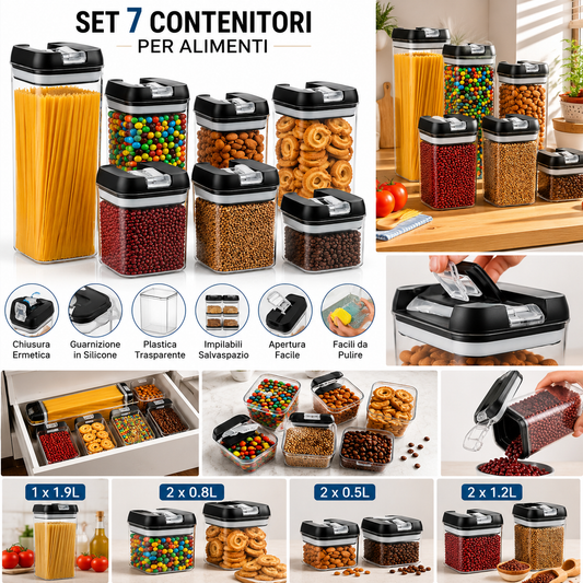 Set 7 Contenitori Ermetici per Alimenti con Coperchio Airtight, Barattoli Salvaspazio Impilabili per Pasta, Cereali, Caffè, Biscotti e Legumi, Contenitori Trasparenti per Cucina e Dispensa