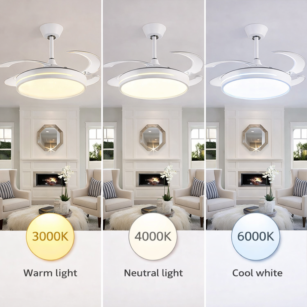 Ventilatore da Soffitto con Luce LED, Pale Retrattili 120 cm, Telecomando Incluso, 3 Temperature Luce, 6 Velocità, Timer, Design Moderno per Soggiorno Camera da Letto