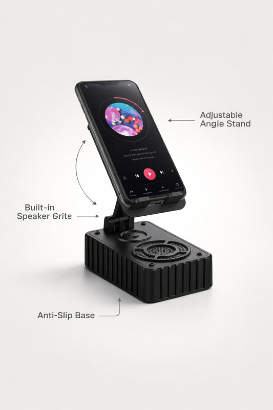 Supporto Smartphone con Altoparlante Wireless Integrato, Stand Cellulare Regolabile Angolazione, Base Antiscivolo, Porta Telefono da Tavolo per Video, Musica e Videochiamate, Compatibile iPhone Android