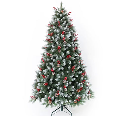 Albero di Natale Artificiale Flocked 120cm, Effetto Neve, Pigne e Bacche Rosse, Base Inclusa