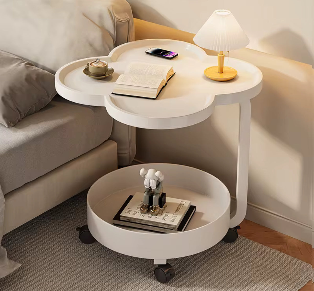 Comodino Salvaspazio su Ruote - Design a Fiore a Due Piani, Perfetto per Soggiorno e Camera da Letto