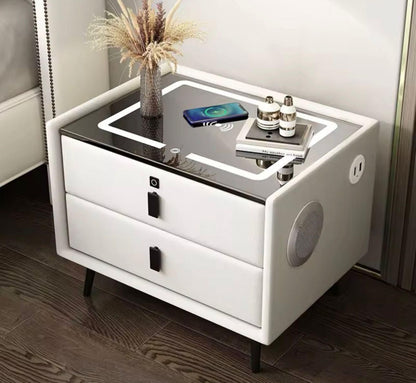 Bdit accessori-Comodino multifunzionale moderno con prese integrate, ricarica wireless e speaker – Design elegante con 2 cassetti