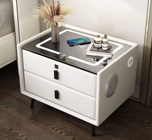 Bdit accessori-Comodino multifunzionale moderno con prese integrate, ricarica wireless e speaker – Design elegante con 2 cassetti