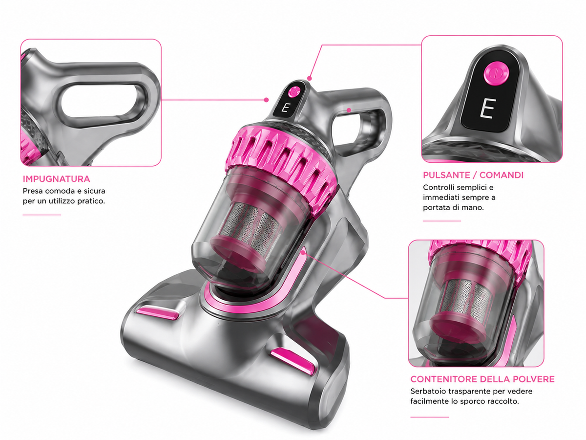 Aspirapolvere 2 in 1 Scopa Elettrica e Aspirapolvere Portatile, Design Compatto, Contenitore Polvere Trasparente, Impugnatura Pratica, per Pavimenti, Tappeti, Divano e Pulizia della Casa, Grigio/Rosa