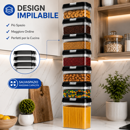 Set 7 Contenitori Ermetici per Alimenti con Coperchio Airtight, Barattoli Salvaspazio Impilabili per Pasta, Cereali, Caffè, Biscotti e Legumi, Contenitori Trasparenti per Cucina e Dispensa