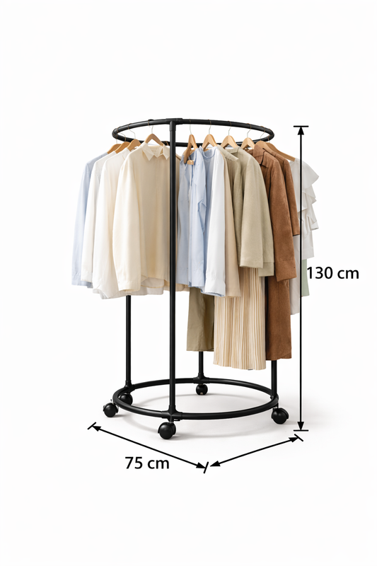 Appendiabiti Circolare con Ruote nero 130 cm – Stand Porta Abiti Rotondo in Metallo, Attaccapanni Mobile per Camera da Letto, Guardaroba Aperto Salvaspazio per Casa, Negozio, Boutique